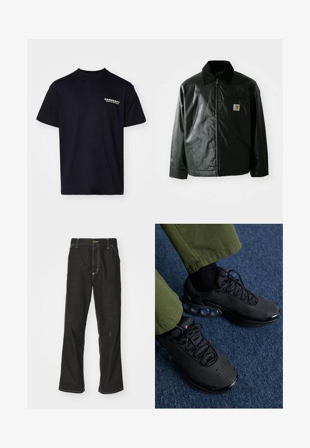 Must mustaga, läikiva materjaliga musta värvi jakk. Omab kordonilõikega kraed, kahte esikäe taskut ja väikest logo sildi rinnal.; Carhartt WIP RUNAWAY - Trükipildiga T-särk - black/wax; Mustadest denimist püksid, lahtise lõikega, kontrastsete valgete õmblustega, nööbiga kinnitamine ja sirge säär.; Mustad musta jooksujalatseid võrkkangast pealmise, tekstuurse pinna ja nähtavate õhukotikesega. Sobitatud oliiviroheliste pükstega ja mustade sokkidega.