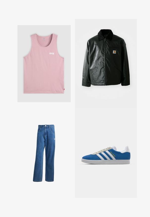 Must mustaga, läikiva materjaliga musta värvi jakk. Omab kordonilõikega kraed, kahte esikäe taskut ja väikest logo sildi rinnal.; Heled roosa puuvillane särk. Omab ümmargust kaelust, ilma varrukateta ja valget "LEVI's" logo vasakul rinnal. Pehme tekstuur.; Sinine kõrge vöökohaga avar jakkidega teksapükse, millel on ees taskud, vöökoharingid, nupuga sulgemine ja väike Adidas'i logo paremal reiel.; adidas Originals ADIDAS GAZELLE SHOES - Saalijalgpalli saapad - real madrid/bluebird/footwear white/crew yellow