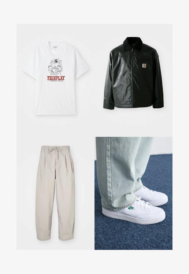 Black zip-up jacket made of smooth, shiny material. Features a corduroy collar, two front pockets, and a small logo patch on the chest.; White cotton t-shirt featuring a cartoon graphic of two figures playing basketball, with "FAIRPLAY" in red text below the design.; Beige, lightweight trousers with an elastic waistband and drawstring. Features pleats and a loose fit, crafted from soft, smooth fabric.; White leather sneakers with green Nike logo, round toe, flat sole, paired with light blue denim pants, shown on a blue carpet.