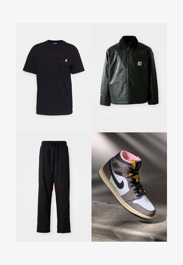 Fekete zipzáros dzseki sima, fényes anyagból. Kordbársony gallérral, két elülső zsebbel és egy kis logós felvarrással a mellkason.; Fekete pamut póló rövid ujjakkal, kerek nyakkal és egy kis színes logóval a bal mellen. Klasszikus szabás, sima textúrával.; Fekete sportnadrág texturált felülettel, kötős derékkal, piros díszítésekkel és laza fazonnal.; Fehér, szürke és fekete Nike Air Jordan magasszárú sneaker rózsaszín belső résszel és sárga nyelvvel, egy betonfelületen elhelyezve.