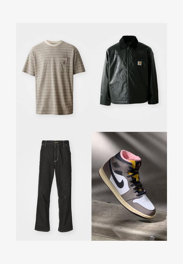 Zwarte ritssluiting jas van glad, glanzend materiaal. Heeft een corduroy kraag, twee voorzakken en een klein logo label op de borst.; Korte mouwen gestreept T-shirt in beige en bruin, met een ronde halslijn en een borstzak met een logo label. Getextureerde stof.; Zwarte denim jeans met een losse pasvorm, voorzien van contrasterende witte stiksels, een knoopsluiting en een recht ontwerp.; Hoog-top Nike Air Jordan sneaker in wit, grijs en zwart met een roze interieur en gele tong, geplaatst op een betonnen oppervlak.