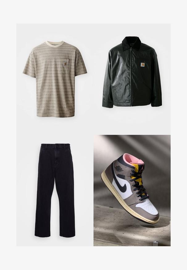 Sort lynlåsejakke lavet af glat, blankt materiale. Har en kordfløjlsfarvet krave, to forlommer og et lille logo-patch på brystet.; Kortærmet stribet t-shirt i beige og brun, med rund halsudskæring og en brystlomme med et logo-patch. Tekstureret stof.; Sorte denimbukser med lige ben, der har en knap- og lynlåslukning, bæltestropper og minimale syninger.; Høj-top Nike Air Jordan sneaker i hvid, grå og sort med pink indvendigt og gul tunge, placeret på en betonoverflade.