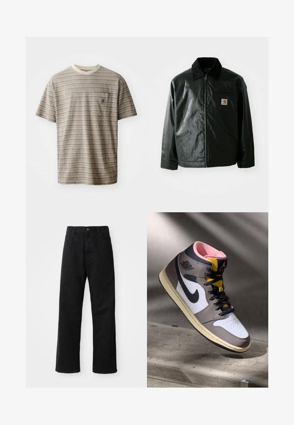 Black zip-up jacket made of smooth, shiny material. Features a corduroy collar, two front pockets, and a small logo patch on the chest.; Short-sleeve striped t-shirt in beige and brown, featuring a crew neckline and a chest pocket with a logo patch. Textured fabric.; Black denim pants with a straight cut, featuring front pockets, a zip fly, and a single top button. Textured fabric with a matte finish.; High-top Nike Air Jordan sneaker in white, grey, and black with pink interior and yellow tongue, positioned on a concrete surface.