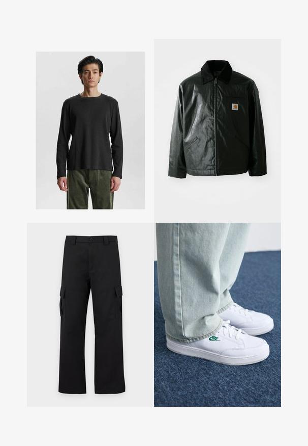Schwarze Zip-Jacke aus glattem, glänzendem Material. Verfügt über einen Cordkragen, zwei Fronttaschen und ein kleines Logo-Patch auf der Brust.; Schwarzes langärmliges, geripptes Shirt mit Rundhalsausschnitt. Ausgestattet mit einem strukturierten Stoff und einem lockeren Schnitt, kombiniert mit olivgrünen, weich texturierten Hosen.; Schwarze Cargo-Hosen mit geradem Bein Design. Hergestellt aus strapazierfähigem Stoff, mit zwei Seitentaschen mit Klappen und einem Knopfverschluss.; Weiße Leder-Sneaker mit grünem Nike-Logo, runde Zehenpartie, flache Sohle, kombiniert mit hellblauen Jeans, präsentiert auf einem blauen Teppich.
