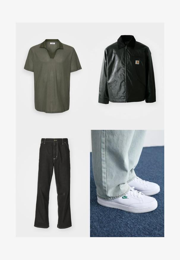 Zwarte ritssluiting jas van glad, glanzend materiaal. Heeft een corduroy kraag, twee voorzakken en een klein logo label op de borst.; Olijfgroene polo met korte mouwen, voorzien van een ribbelstructuur, V-hals en een contrasterend kraagontwerp. Lichtgewicht stof met een ontspannen pasvorm.; Zwarte denim jeans met een losse pasvorm, voorzien van contrasterende witte stiksels, een knoopsluiting en een recht ontwerp.; Witte leren sneakers met groen Nike-logo, ronde neus, platte zool, gedragen met lichtblauwe denim broek, weergegeven op een blauwe vloerkleed.