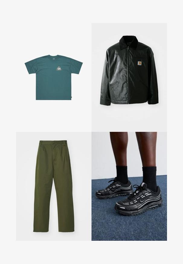 Fekete zipzáros dzseki sima, fényes anyagból. Kordbársony gallérral, két elülső zsebbel és egy kis logós felvarrással a mellkason.; Zöld pamut póló rövid ujjakkal és bő szabással. Az elején egy színes, háromszög alakú grafika és a márkanevének felirata található.; Olívazöld, magas derekú nadrág, egyenes lábformával. Könnyű anyagból készült, elöl redőzött és gombos záródással.; Fekete Nike cipők hálós felsőrésszel, kiemelő csíkokkal, texturált fűzővel és fekete gumitalppal rendelkeznek. Fekete bordázott zoknikkal viselve.