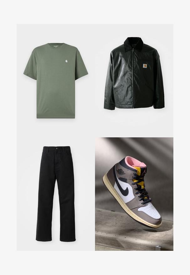 Černá zipová bunda vyrobená z hladkého, lesklého materiálu. Má jemný manžetový límec, dvě přední kapsy a malou značkovou nášivku na hrudi.; Zelené bavlněné tričko s kulatým výstřihem, krátkým rukávem a malým bílým logem na hrudi. Hladká textura a uvolněný střih.; Černé džínové kalhoty s rovný střih, s předními kapsami, zipovým zapínáním a jedním horním knoflíkem. Texturovaná látka s matným povrchem.; Bílé, šedé a černé vysoké tenisky Nike Air Jordan s růžovým interiérem a žlutým jazykem, umístěné na betonovém povrchu.