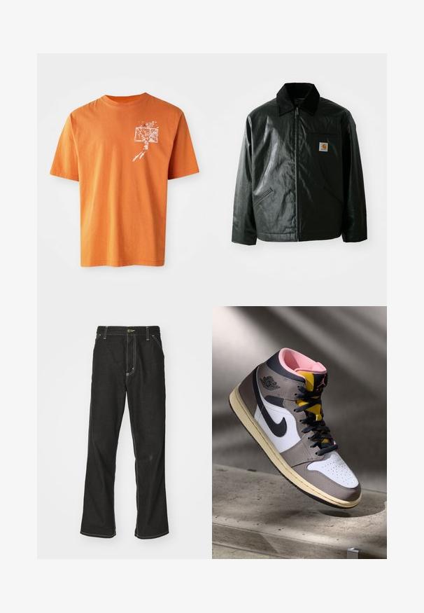 Svart zip-up jacka gjord av slätt, glänsande material. Har en manchesterkrage, två framfickor och en liten logotyp på bröstet.; Apelsinfärgad bomulls-t-shirt med kort ärm, med en vit grafik av en basketspelare och korg på vänster bröstområde.; Svarta denimjeans med en lös passform, med kontrasterande vita sömmar, knäppning och raka ben.; Höga Nike Air Jordan-sneakers i vitt, grått och svart med rosa inredning och gul tunga, placerade på en betongyta.