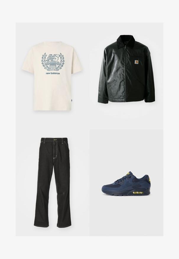 Mustat vetoketjulliset takit, jotka on valmistettu sileästä, kiiltävästä materiaalista. Sisältää kangastakin kauluksen, kaksi etutaskua ja pienen logopatchin rinnassa.; Kermankermanen puuvillane T-särk, millel on sinine graafiline kujundus, kus on stiliseeritud "NB" ja lauri lehed, koos all oleva tekstiga "new balance".; Mustat farkut, joissa on löysä istuvuus, erottuva valkoinen ompelu, nappikiinnitys ja suora lahje.; Laivastonsiniset Nike Air Max -lenkkarit, joissa on mokkabukseista ja verkkomateriaalista valmistettu yläosa, keltaisia yksityiskohtia, nyöritys etuosassa ja näkyvä ilmanvaimennus pohjassa.