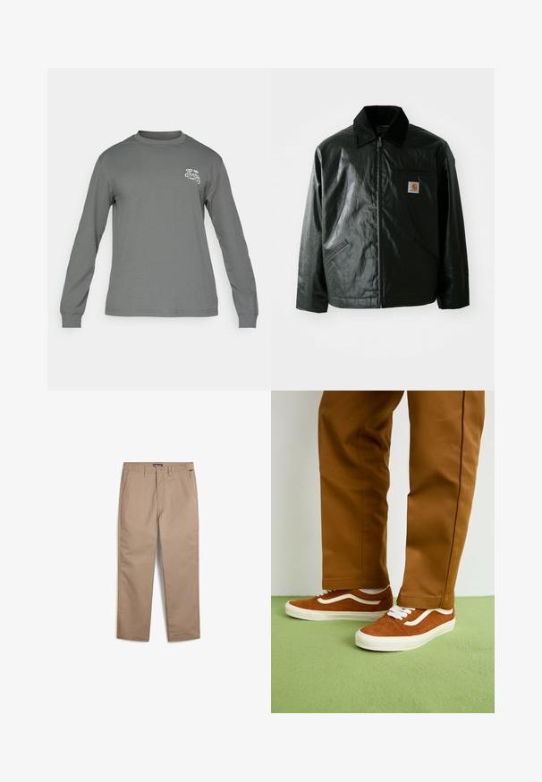 Schwarze Zip-Jacke aus glattem, glänzendem Material. Verfügt über einen Cordkragen, zwei Fronttaschen und ein kleines Logo-Patch auf der Brust.; Langarmshirt aus grauem Stoff, mit Rundhalsausschnitt und einem weißen Grafiklogo auf der linken Brust. Glatte Textur und einfaches Design.; Beige Chinos aus einem Baumwollmix mit geradem Bein, Fronttaschen und Knopfverschluss für ein klassisches Erscheinungsbild.; Braune Wildledersneaker mit weißen Schnürsenkeln und seitlichem Streifenmuster, kombiniert mit hellbraunen Hosen auf einem grünen Boden.