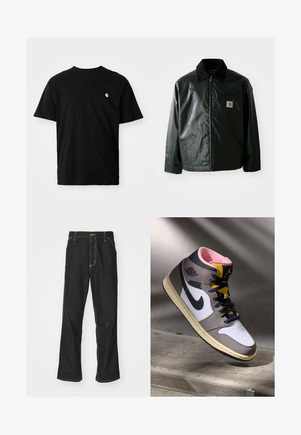 Must mustaga, läikiva materjaliga musta värvi jakk. Omab kordonilõikega kraed, kahte esikäe taskut ja väikest logo sildi rinnal.; Must have särk mustast puuvillast, ümar kaelus, lühikesed varrukad ja väike valge logo vasakul rinnal. Küljeseamid on nähtavad. Pehme tekstuur.; Mustadest denimist püksid, lahtise lõikega, kontrastsete valgete õmblustega, nööbiga kinnitamine ja sirge säär.; Valged, hallid ja mustad kõrged Nike Air Jordani sneakers, roosa sisetallaga ja kollase keelega, asetatud betoonpinnale.