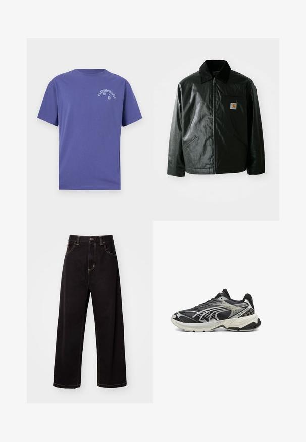 Mustat vetoketjulliset takit, jotka on valmistettu sileästä, kiiltävästä materiaalista. Sisältää kangastakin kauluksen, kaksi etutaskua ja pienen logopatchin rinnassa.; Violetti puuvillapaita, jossa on lyhyet hihat, pyöreä kaula-aukko ja valkoinen graafinen painatus, jossa lukee "CLEPTOMANICX" ja kuvakkeita etupuolella.; Mustat denim-leveät housut, joissa on kontrastiväriset saumat, viisi taskua ja edessä nappikiinnitys. Lisäksi ne ovat sileät ja kestävä kangas.; Musta urheilujalkine, jossa on verkko- ja synteettisiä päällysteitä, varustettuna pehmustetulla kauluksella, tekstuurilla varustetulla pohjalla ja hopeisilla yksityiskohdilla virtaviivaisessa muotoilussa.