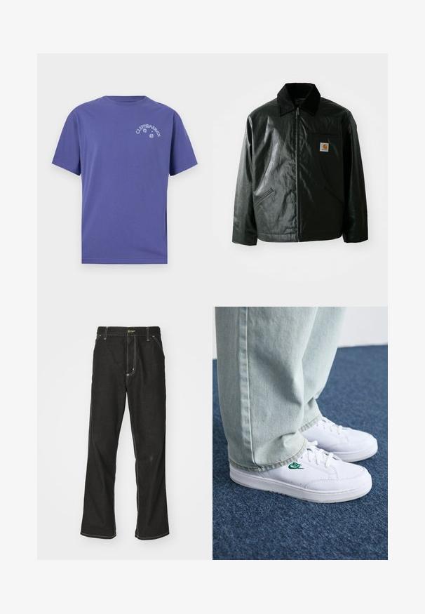 Chaqueta negra con cremallera hecha de un material liso y brillante. Presenta un cuello de pana, dos bolsillos frontales y un pequeño parche con el logo en el pecho.; Camiseta de algodón morada con mangas cortas, cuello redondo y un estampado gráfico blanco que presenta "CLEPTOMANICX" y iconos en la parte delantera.; Jeans de mezclilla negra con un corte holgado, que cuentan con costuras blancas contrastantes, cierre de botón y un diseño de pierna recta.; Zapatillas de cuero blanco con logo de Nike verde, puntera redonda, suela plana, combinadas con pantalones de mezclilla azul claro, sobre una alfombra azul.