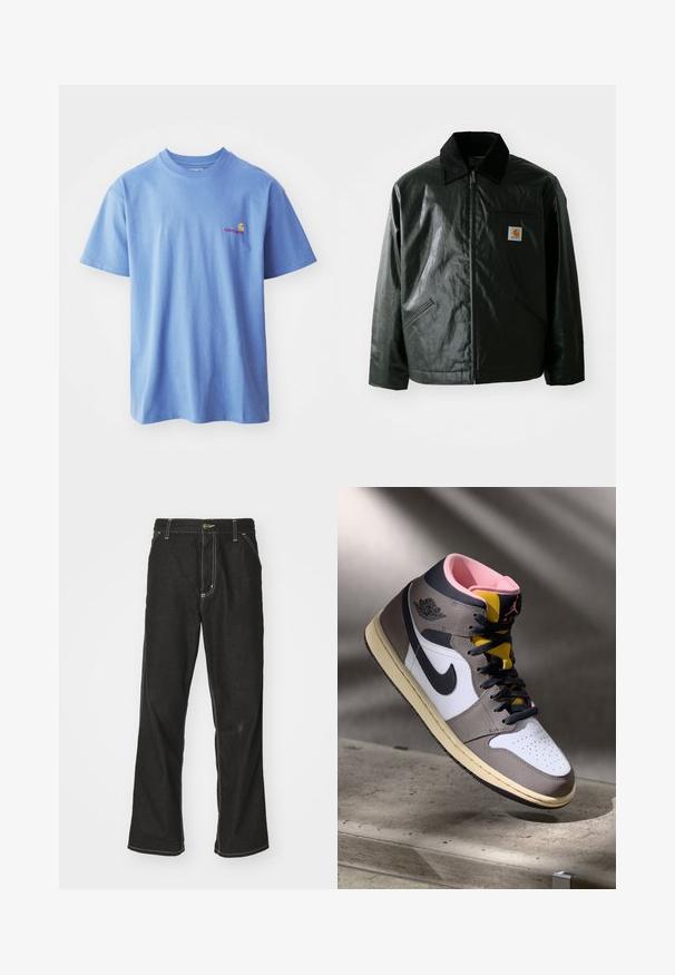 Zwarte ritssluiting jas van glad, glanzend materiaal. Heeft een corduroy kraag, twee voorzakken en een klein logo label op de borst.; Lichtblauw katoenen T-shirt met korte mouwen en een ronde hals. Voorzien van een klein oranje en rood logo op de linkerkant van de borst.; Zwarte denim jeans met een losse pasvorm, voorzien van contrasterende witte stiksels, een knoopsluiting en een recht ontwerp.; Hoog-top Nike Air Jordan sneaker in wit, grijs en zwart met een roze interieur en gele tong, geplaatst op een betonnen oppervlak.