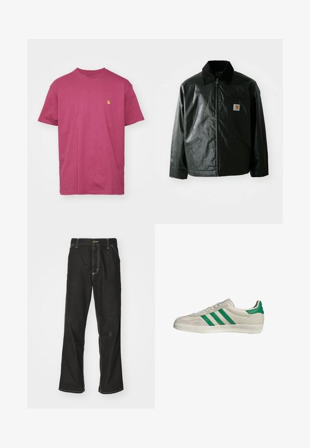 Giacca nera con zip realizzata in materiale liscio e lucido. Presenta un colletto in corduroy, due tasche frontali e una piccola patch con logo sul petto.; Carhartt WIP CHASE - T-shirt basic - dusty fuchsia/gold; Jeans in denim nero con una vestibilità ampia, caratterizzati da cuciture bianche a contrasto, chiusura a bottone e un design a gamba dritta.; Sneaker beige con strisce verdi, con suola bianca e tomaia in pelle liscia. Vista laterale che evidenzia i dettagli dei lacci e il logo.