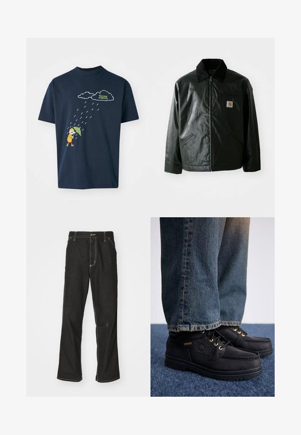 Must mustaga, läikiva materjaliga musta värvi jakk. Omab kordonilõikega kraed, kahte esikäe taskut ja väikest logo sildi rinnal.; Tume sinise puuvillane T-särk, millel on pikseliseeritud graafika kujutisega figuurist vihmavarjuga pilvede ja vihmaveeretade all, kus peal on helesinises kirjas tekst.; Mustadest denimist püksid, lahtise lõikega, kontrastsete valgete õmblustega, nööbiga kinnitamine ja sirge säär.; Mustad nahast kingad kullavärvi silmadega ja tekstuuriga pinnaga, millele on sobitatud sinised teksad. Kingadel on kihiline tall ning brändingudetail.