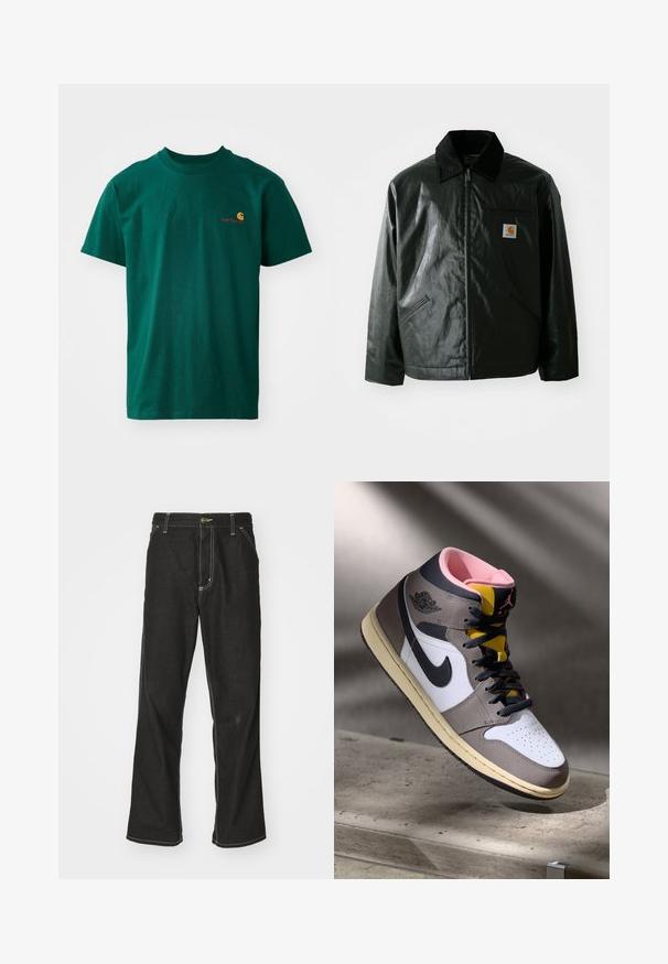 Giacca nera con zip realizzata in materiale liscio e lucido. Presenta un colletto in corduroy, due tasche frontali e una piccola patch con logo sul petto.; T-shirt in cotone verde con scollatura rotonda e maniche corte. Presenta un piccolo logo a contrasto in arancione e rosso sul lato sinistro del petto.; Jeans in denim nero con una vestibilità ampia, caratterizzati da cuciture bianche a contrasto, chiusura a bottone e un design a gamba dritta.; Sneaker Nike Air Jordan alta in bianco, grigio e nero con interno rosa e linguetta gialla, posizionata su una superficie di cemento.