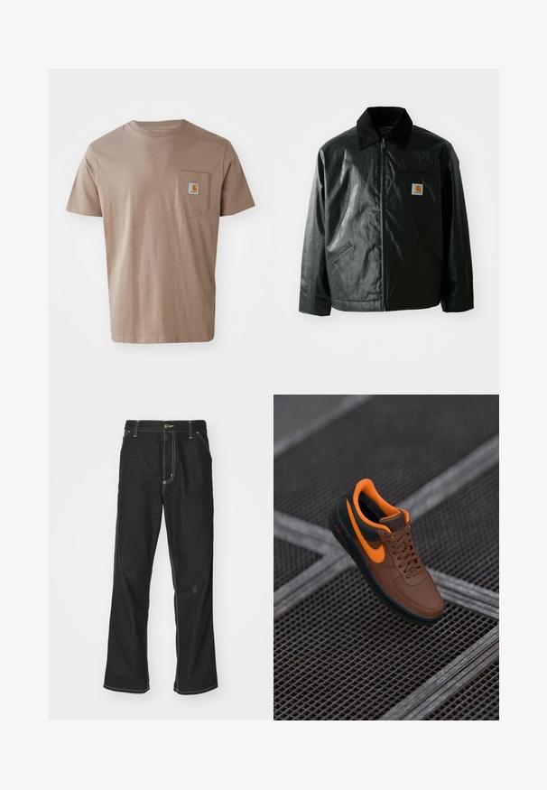 Must mustaga, läikiva materjaliga musta värvi jakk. Omab kordonilõikega kraed, kahte esikäe taskut ja väikest logo sildi rinnal.; Pruun puuvillane T-särk lühikeste varrukatega, millel on rinnakott ja logotäpp. Sile tekstuur, tavaline ümar kaelus, lõdva istuvusega.; Mustadest denimist püksid, lahtise lõikega, kontrastsete valgete õmblustega, nööbiga kinnitamine ja sirge säär.; Pruun nahast tennisekad oranžide aktsentidega, ümar varvas, nööbiga disain ja tekstureeritud pind. Roheline kummitald, millel on nähtav "AIR" bränding.