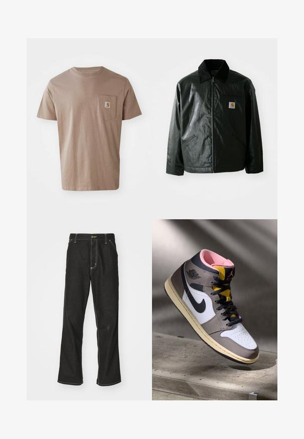 Svart zip-up jakke laget av jevnt, blankt materiale. Har en kordfløyelskrage, to frontlommer og en liten logo-lapp på brystet.; Brun bomulls t-skjorte med korte ermer, med en brystlomme og et logopatch. Glatt tekstur, standard rund hals, avslappet passform.; Svarte denimbukser med løs passform, med kontrastfylt hvit søm, knappelukking og rett ben-design.; Høy topp Nike Air Jordan-sneaker i hvit, grå og svart med rosa indre og gul tunge, plassert på en betongoverflate.