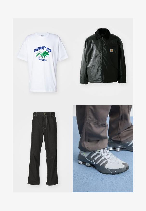 Schwarze Zip-Jacke aus glattem, glänzendem Material. Verfügt über einen Cordkragen, zwei Fronttaschen und ein kleines Logo-Patch auf der Brust.; Carhartt WIP NOISE - T-Shirt print - white; Schwarze Denim-Jeans mit lockerer Passform, kontrastierenden weißen Nähten, einem Knopfverschluss und geradem Bein.; Graue und silberne Nike Shox Sneakers zeichnen sich durch ein schlankes Design aus, mit Netz- und Synthetikmaterialien, einer abgerundeten Zehenpartie und einem gepolsterten Schuhkragen.