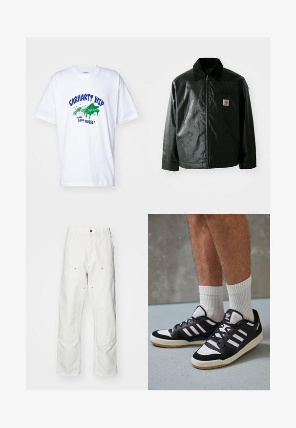 Sort lynlåsejakke lavet af glat, blankt materiale. Har en kordfløjlsfarvet krave, to forlommer og et lille logo-patch på brystet.; Carhartt WIP NOISE - T-shirts print - white; Hvide bomulds cargo bukser med en afslappet pasform. Funktioner inkluderer for- og baglommer, guldfarvede hardware detaljer og forstærkede knæsektioner.; Sorte og hvide sneakers med en overdel i ruskind og læder, der har tre hvide striber, en perforeret tå og en sål i gummigummi.
