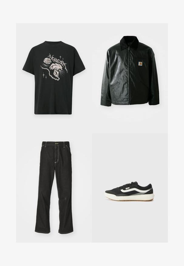 Svart zip-up jakke laget av jevnt, blankt materiale. Har en kordfløyelskrage, to frontlommer og en liten logo-lapp på brystet.; Svart t-skjorte med hvitt grafisk bilde av et øye, en hånd som holder et smykke, abstrakte former og stiliserte tekster over.; Svarte denimbukser med løs passform, med kontrastfylt hvit søm, knappelukking og rett ben-design.; Svart sneakers med hvite detaljer, med en glatt syntetisk overdel, rund form og gummisåle, kombinert med lyse beige bukser.