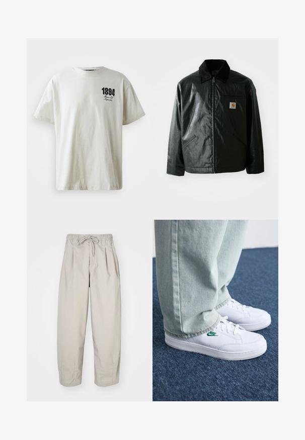 Black zip-up jacket made of smooth, shiny material. Features a corduroy collar, two front pockets, and a small logo patch on the chest.; Light beige cotton t-shirt with short sleeves, crew neck, featuring a black printed design with "1894 House Of Hyperbia" on the front.; Beige, lightweight trousers with an elastic waistband and drawstring. Features pleats and a loose fit, crafted from soft, smooth fabric.; White leather sneakers with green Nike logo, round toe, flat sole, paired with light blue denim pants, shown on a blue carpet.