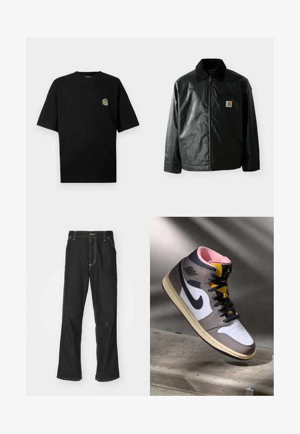 Fekete zipzáros dzseki sima, fényes anyagból. Kordbársony gallérral, két elülső zsebbel és egy kis logós felvarrással a mellkason.; Fekete, rövid ujjú póló, pamutból készült, zöld logóval a bal mellen. Kerek nyakú, laza szabású, sima textúrájú.; Fekete farmernadrág laza szabással, kontrasztos fehér varrással, gombos záródással és egyenes lábmegoldással.; Fehér, szürke és fekete Nike Air Jordan magasszárú sneaker rózsaszín belső résszel és sárga nyelvvel, egy betonfelületen elhelyezve.