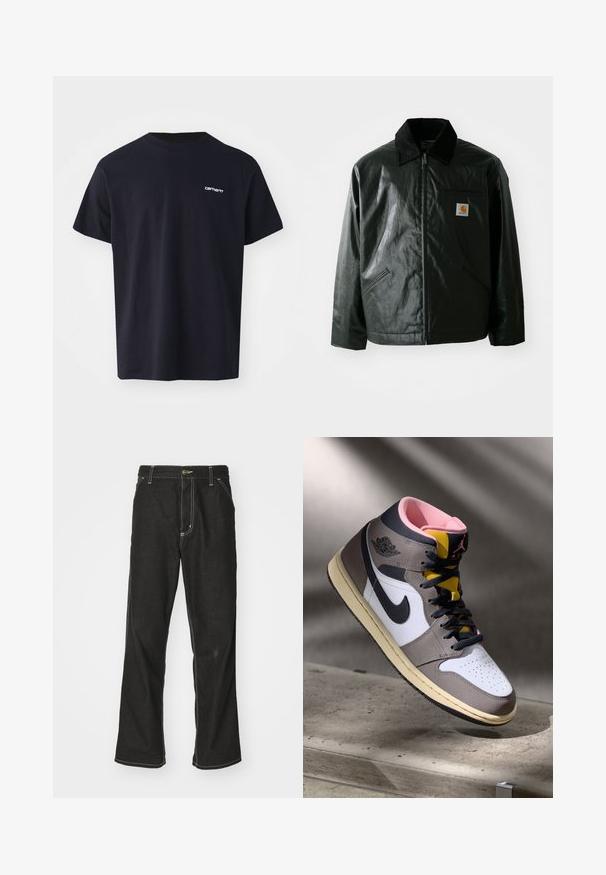 Giacca nera con zip realizzata in materiale liscio e lucido. Presenta un colletto in corduroy, due tasche frontali e una piccola patch con logo sul petto.; T-shirt in cotone nero con maniche corte, collo rotondo e un sottile logo bianco sulla parte sinistra del petto. Tessuto liscio, vestibilità standard.; Jeans in denim nero con una vestibilità ampia, caratterizzati da cuciture bianche a contrasto, chiusura a bottone e un design a gamba dritta.; Sneaker Nike Air Jordan alta in bianco, grigio e nero con interno rosa e linguetta gialla, posizionata su una superficie di cemento.