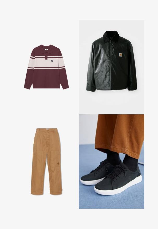 Giacca nera con zip realizzata in materiale liscio e lucido. Presenta un colletto in corduroy, due tasche frontali e una piccola patch con logo sul petto.; Polo a maniche lunghe color bordeaux con righe orizzontali bianche, due bottoni e un logo "W" nero sul lato sinistro del petto.; Pantaloni da lavoro color khaki, realizzati in tessuto resistente, presentano numerose tasche, chiusura con bottone e logo ricamato sulla coscia.; Sneakers in suede nera con suole in gomma bianca, dotati di un design con lacci, accenti testurizzati e branding sottile, abbinati a pantaloni marroni.