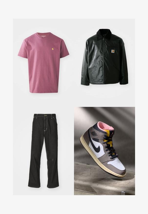 Zwarte ritssluiting jas van glad, glanzend materiaal. Heeft een corduroy kraag, twee voorzakken en een klein logo label op de borst.; Paarse katoenen T-shirt met ronde hals, korte mouwen en een klein geel logo op de linkerkant van de borst. Eenvoudig ontwerp in effen kleur.; Zwarte denim jeans met een losse pasvorm, voorzien van contrasterende witte stiksels, een knoopsluiting en een recht ontwerp.; Hoog-top Nike Air Jordan sneaker in wit, grijs en zwart met een roze interieur en gele tong, geplaatst op een betonnen oppervlak.