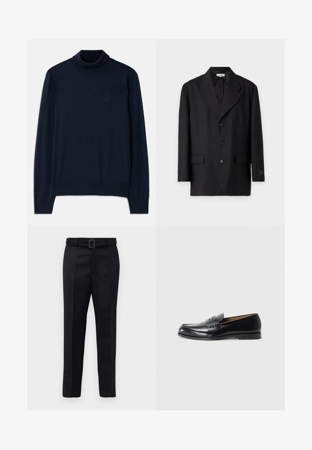 Schwarzes Blazer mit Revers, fünf Knöpfen und zwei Fronttaschen. Taillierter Schnitt mit glatter Textur und dezenter Markenkennzeichnung am Ärmel.; Dsquared2 TURTLE NECK - Strickpullover - navy blue; Schwarze maßgeschneiderte Hosen aus glattem Stoff, mit geradem Schnitt und einem Bund mit rechteckiger Schnalle. Auffällige Frontfalten betonen das Design.; Schwarze Ledermokassins mit glatter Oberfläche, runder Zehenform, dekorativer Naht und einem kleinen Metallelement an der Vorderseite.