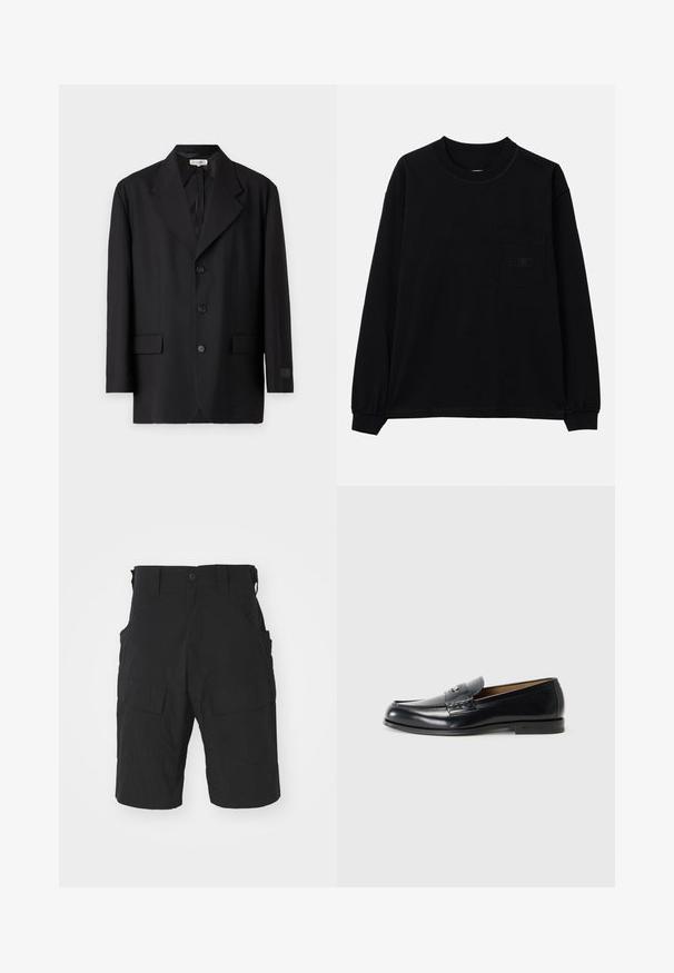 Čierny blazer s klopovým golierom, piatimi gombíkmi a dvomi prednými vreckami. Prispôsobený strih s hladkou textúrou a jemným brandingom na rukáve.; Čierne tričko s dlhým rukávom vyrobené z bavlny, s okrúhlym výstrihom, ľavou náprsné kapsou a elastickými manžetami. Minimalistický dizajn bez vzorov.; Čierne cargo šortky vyrobené z ľahkého materiálu s viacerými vreckami, s gombíkovým zapínaním a vo voľnom strihu s dĺžkou po kolená.; Čierne kožené mokasíny s hladkým povrchom, okrúhlou špičkou, dekoratívnym prešívaním a malým kovovým akcentom na prednej strane.