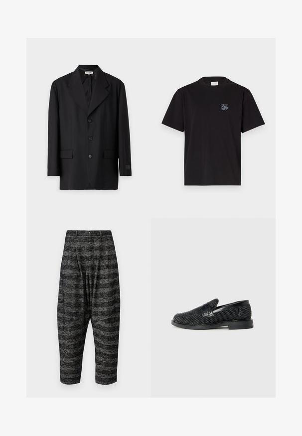 Black blazer with a notched lapel, five buttons, and two front pockets. Tailored fit with a smooth texture and subtle branding on the sleeve.; Black cotton t-shirt with a crew neck and short sleeves. Features a small blue logo on the left chest. Simple, straight-cut design.; Houndstooth-patterned black and gray cropped trousers with a high waist, pleats, and front pockets. Made from textured fabric.; Black woven slip-on shoe with a smooth leather accent on the upper, a round toe design, and a low-profile rubber sole.