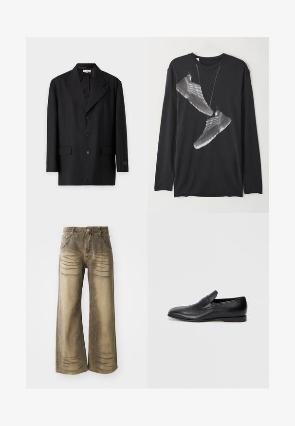 Fekete zakó, kifordított hajtókával, öt gombbal és két elülső zsebbel. Testhez álló szabás, sima textúrával és diszkrét márkajelzéssel az ujjon.; Fekete, hosszú ujjú ing sima anyagból, elöl fehér színű, pöttyös mintás sneaker grafikával.; Széles szárú farmernadrág elhalványult barna színben, whiskering részletekkel, gombos záródással és öt zsebes kialakítással. Sima denim textúra.; Fekete bőr, slip-on stílusú cipő, hegyes orral, sima textúrával és diszkrét logóval az oldalon. Alacsony sarokkal és letisztult, minimalista dizájnnal.