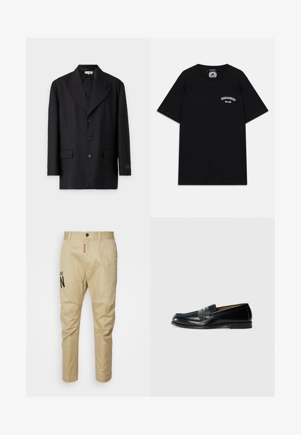 Blazer noir avec un revers cranté, cinq boutons et deux poches avant. Coupe ajustée avec une texture lisse et un branding subtil sur la manche.; T-shirt en coton noir à manches courtes, avec le logo blanc "DSQUARED2 MILANO" sur la poitrine. Design à col rond, texture lisse.; Pantalons en coton beige avec un design à jambes droites, fermeture à bouton sur le devant et un logo "N" noir imprimé sur la jambe gauche.; Mocassin en cuir noir avec un dessus texturé, accent tressé et finition lisse. Talon bas et design minimaliste.