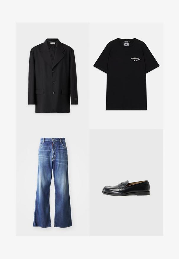Juodas švarkas su išklotu apykakle, penkiais mygtukais ir dviem priekiniais kišenėmis. Priderintas siluetas su glotnia tekstūra ir subtiliu ženklinimu ant rankovės.; Juodas medvilnės marškinėliai su trumpomis rankovėmis, su baltu "DSQUARED2 MILANO" logotipu krūtinėje. Apvalios iškirpės dizainas, lygus tekstūros.; Plačios kojų mėlynos džinsinės kelnės, turinčios nublanšusią spalvą, penkių kišenių dizainą ir priekinį užsegimą su kontrastinga raudona akcentu.; Juoda odinė loaferių pora su lygaus paviršiaus, apvalia nosimi, dekoratyvine siūle ir maža metaline detale priekyje.