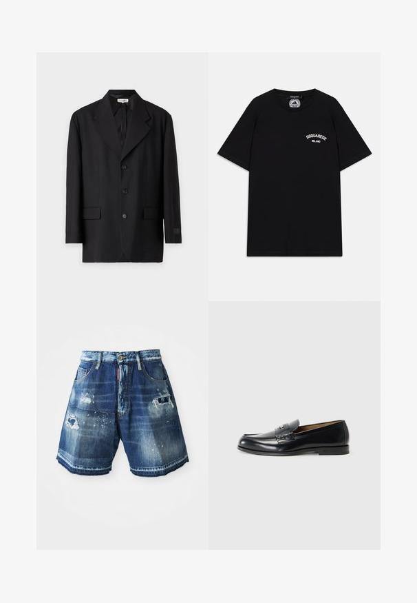 Blazer noir avec un revers cranté, cinq boutons et deux poches avant. Coupe ajustée avec une texture lisse et un branding subtil sur la manche.; T-shirt en coton noir à manches courtes, avec le logo blanc "DSQUARED2 MILANO" sur la poitrine. Design à col rond, texture lisse.; Shorts en denim bleu foncé avec des détails usés. Caractéristiques d'ourlets effilochés, de poches et d'une fermeture à bouton. Variations de lavage sur le tissu.; Mocassins en cuir noirs avec une finition lisse, bout arrondi, couture décorative et un petit accent métallique à l'avant.
