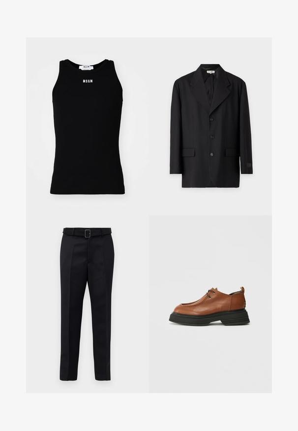 Melnas žaketes ar iegrieztiem atkārtiem, pieciem pogām un divām priekšējām kabatām. Pielāgota piegriezuma ar gludu tekstūru un diskrētu zīmolu uz svārkiem.; Melnas bezsķirta topiņš ar ribota tekstūra, apaļu kakla izgriezumu un balto logo "MSGM" priekšpusē. Bez piedurknēm. Vienkāršs audums, bez rakstiem.; Melni piegriezti bikses ar gludu audumu, taisnu piegriezumu un jostu ar taisnleņķa sprādzi. Pamanāmie priekšējie iegriezumi uzlabo dizainu.; Bordo ādas kurpe ar noapaļotu purngalu, auklu dizainu un biezu melnu slāņu zoli. Ievērojama ar savu strukturēto siluetu un tekstūru.