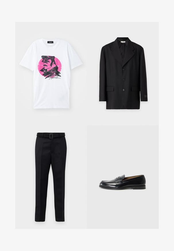 Blazer negro con solapa de muesca, cinco botones y dos bolsillos delanteros. Corte entallado con una textura suave y un sutil logotipo en la manga.; Camiseta de algodón blanca con una ilustración gráfica negra de un hombre con gorra sobre un fondo circular rosa con un efecto desgastado.; Los pantalones negros de corte ajustado presentan un tejido suave, un corte recto y una cintura con cinturón y hebilla rectangular. Las pliegues frontales notables realzan el diseño.; Mocasines de cuero en negro con un acabado liso, puntera redondeada, costuras decorativas y un pequeño acento metálico en la parte frontal.