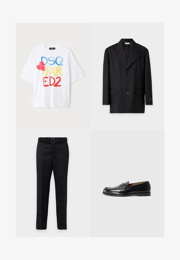Čierny blazer s klopovým golierom, piatimi gombíkmi a dvomi prednými vreckami. Prispôsobený strih s hladkou textúrou a jemným brandingom na rukáve.; Biela tričko s krátkym rukávom a farebným textom: "DSQ JAR ED2" v modrej, žltej a červenej farbe, s červeným srdcovým akcentom. Bavlnená látka.; Čierne nohavice na mieru majú hladkú tkaninu, rovný strih a opasok s obdĺžnikovou sponou. Výrazné predné skladky zvýrazňujú dizajn.; Čierne kožené mokasíny s hladkým povrchom, okrúhlou špičkou, dekoratívnym prešívaním a malým kovovým akcentom na prednej strane.