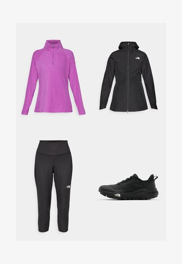 Svart vattentät jacka med dragkedja framtill, justerbar huva och åtsittande midja. Har en liten vit logotyp på bröstet.; Fleece-pullover i ljusrosa med halvdragkedja, långa raglansleeves och mjuk textur utan synliga mönster eller detaljer.; Svarta capri leggings tillverkade av stretchigt tyg, med hög midja och en liten vit logotyp på vänster sida. Slät yta.; The North Face OFFTRAIL VERSA - Hikingskor - tnf black/tnf white