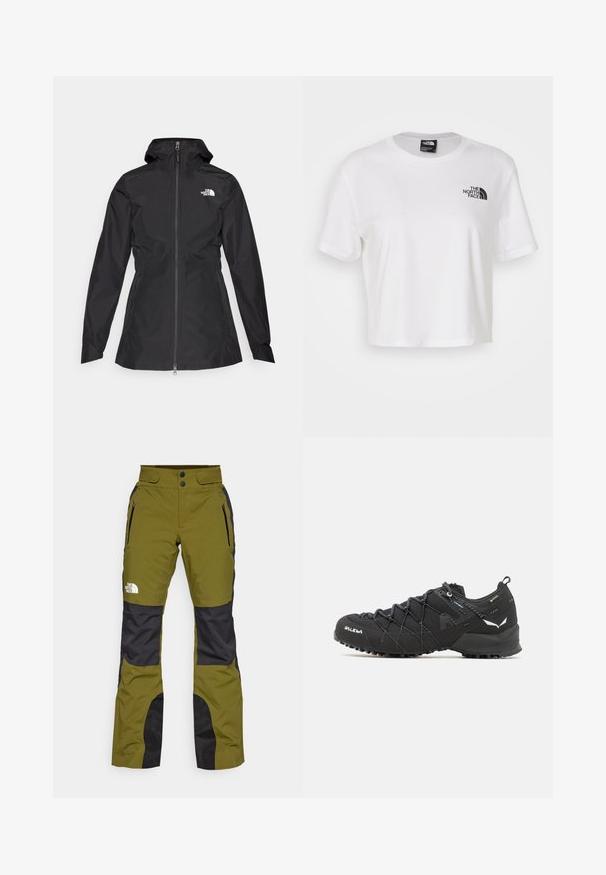 Black waterproof jacket with a front zipper, adjustable hood, and a fitted waist. Features a small white logo on the chest.; White cropped t-shirt made of cotton with a round neckline and short sleeves. Features a black logo on the left chest.; Olive green outdoor pants with black accents, made of durable material. Features two zippered pockets and a double-button waistband.; Black hiking shoes with a textured fabric upper, lacing system, and rugged rubber sole. Accented with reflective details and logos.