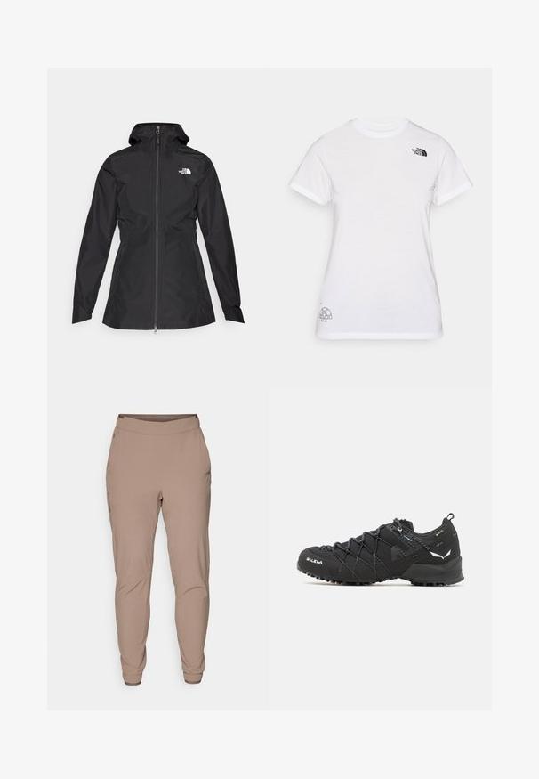 Juodas vandeniui atsparus džemperis su priekiniais užtrauktukais, reguliojamu gobtuvu ir prigludusia juosmens dalimi. Yra mažas baltas logotipas ant krūtinės.; Balta medvilninė marškinėliai su juodu logo kairiajame krūtinės šone ir pilku grafiniu dizainu apatiniame dešiniajame kampe. Klasikinis apvalus kaklas ir trumpomis rankovėmis.; Šviesiai rudos, lengvos sportinės kelnės su elastinga juosta, siaurėjančiomis kojomis, šoninėmis kišenėmis ir sklandžiu paviršiumi. Matomi sustiprinti siuvimo detalės.; Juodi žygio batai su tekstūruotu audiniu, raišteliais ir tvirtu guma padu. Papuošti atspindinčiomis detalėmis ir logotipais.