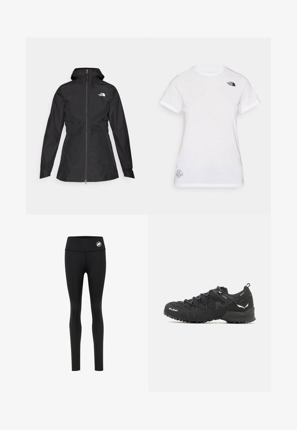 Svart vattentät jacka med dragkedja framtill, justerbar huva och åtsittande midja. Har en liten vit logotyp på bröstet.; Vit bomullströja med en svart logotyp på vänster bröst och en grå grafisk design längst ned till höger. Klassisk rund hals och korta ärmar.; Svarta träningsleggings med hög midja, tillverkade av elastiskt material, med en liten vit logotyp vid midjan. Slät yta genomgående.; Svarta vandringsskor med ett texturerat tygöverdrag, snörningssystem och slitstark gummisula. Prydda med reflekterande detaljer och logotyper.