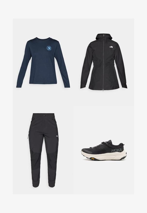 Jachetă impermeabilă neagră cu fermoar frontal, glugă ajustabilă și talie ajustată. Prezintă un mic logo alb pe piept.; Tricou cu mânecă lungă, de culoare albastru închis, fabricat dintr-un material moale. Prezintă un decolteu rotund și un logo circular albastru în zona stângă a pieptului.; Pantaloni de exterior negri, dintr-un material rezistent. Prezintă buzunare cu fermoar, panouri întărite pentru genunchi și un design drept pentru mobilitate.; Pantofi sport negri cu un superior din plasă respirabilă, talpă din cauciuc, mijloc de amortizare albă și șireturi reflective. Logo-ul Vibram pe talpă.