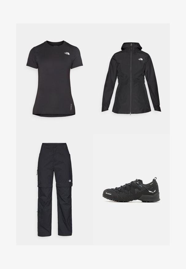 Crna vodootporna jakna s prednim patentnim zatvaračem, podesivom kapuljačom i oblikovanim strukom. Ima mali bijeli logo na prsima.; Crna atletska majica od lagane, prozračne tkanine. Ima kratke rukave i okrugli izrez. Logo je prikazan na prsima.; Crne najlon hlače s munjevim zatvaranjem, odvojive cargo hlače s podesivim manžetama, brojnim džepovima i logom na desnoj nozi. Glatka, lagana tekstura.; Crne planinarske cipele s gornjim dijelom od teksturirane tkanine, sistemom vezivanja i čvrstim gumenim potplatom. Osvijetljene reflektirajućim detaljima i logotipima.