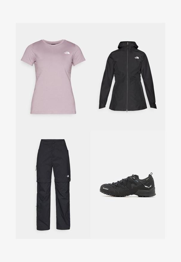 Zwarte waterdichte jas met een ritssluiting aan de voorkant, verstelbare capuchon en een getailleerde taille. Heeft een klein wit logo op de borst.; The North Face W SS SD SLIM TEE - T-shirt basic - purple chalk; Zwarte nylon cargo broek met afneembare pijpen, verstelbare manchetten, meerdere zakken en een logo op het rechterbeen. Gladde, lichte textuur.; Zwarte wandelschoenen met een bovenkant van textuurstof, een vetersysteem en een robuuste rubberen zool. Verfraaid met reflecterende details en logo's.