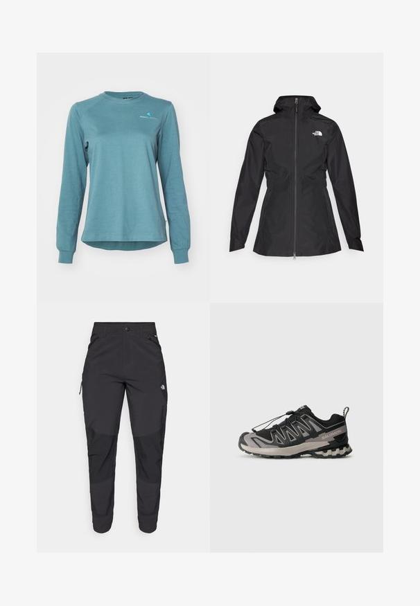 Crna vodootporna jakna s prednim patentnim zatvaračem, podesivom kapuljačom i oblikovanim strukom. Ima mali bijeli logo na prsima.; Klättermusen ROOT LOGO TEE - Top dugih rukava - frost green; Crne vanjske hlače izrađene od izdržljivog materijala. Imaju džepove sa zatvaračem, ojačane paneli na koljenima i ravni kroj za slobodu pokreta.; Crno-siva atletska cipela s mrežastim gornjim dijelom, gumenim potplatom i elastičnim sistemom vezanja. Ima pojačani vrh i strukturirane detalje.