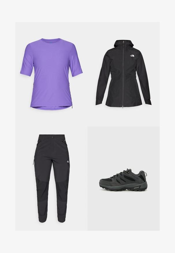 Must värvitu veekindel jakk, millel on ees lukuga sulgemine, reguleeritav kapuuts ja sobiv vöökoht. Ees on väike valge logo rinnal.; Lilla lühikeste varrukatega spordisärk, millel on ümar kaelus, sujuv tekstuur ja külgmised tõmblukud ventilatsiooni tagamiseks.; Must black välitingimustes püksid, mis on valmistatud vastupidavast kangast. Omavad lukugaTaskuid, tugevdatud põlvepaneele ja sirget lõiget liikuvuse tagamiseks.; Columbia REDMOND - Matkajalatsid - black/citron haze